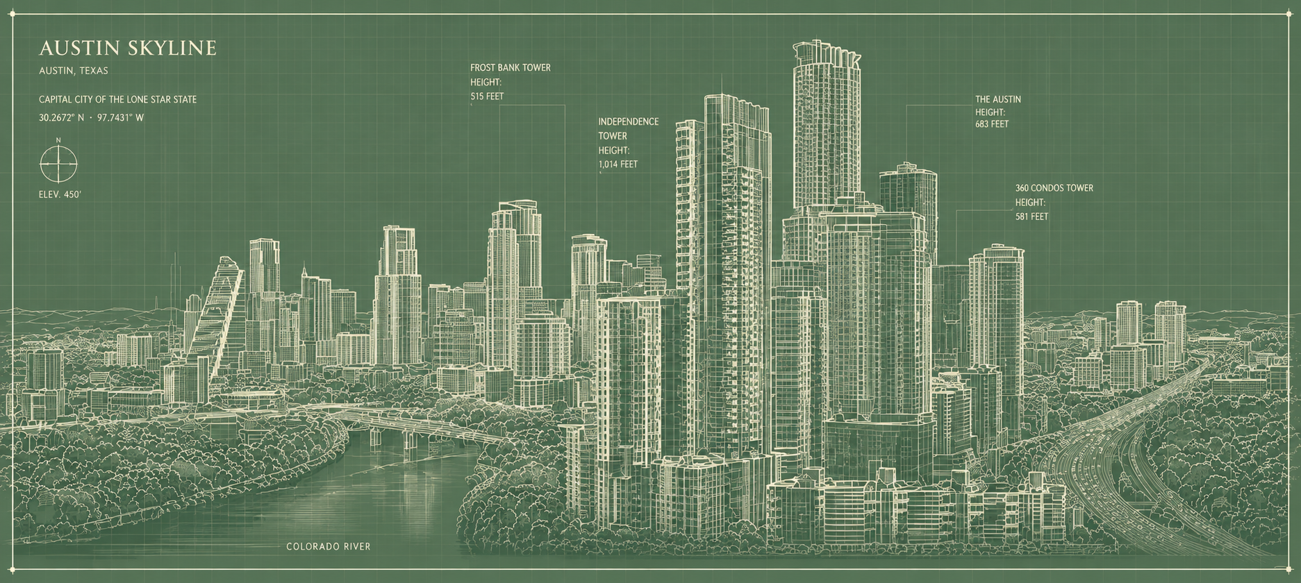 Austin skyline architectural blueprint in Galileo Development Company forest green